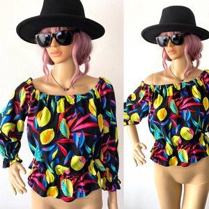 Colorful Ruffled Crop Top Lemon Print Blouse Resort Fashion Tropical Vacation M
